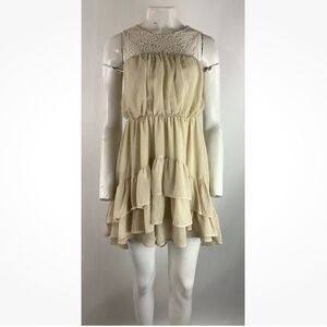 Free People Sz XS Chiffon Lace Tiered Mini Dress Tan Sleeveless Pullover
